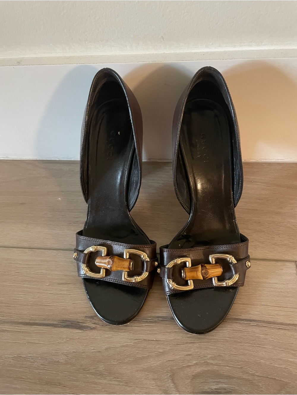 Vintage Gucci Dark Brown Leather Open-Toe Heels with Bamboo & Gold Chain